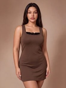 Lazeform Gaun Tidur Rumah Harian Seksi Wanita Ukuran Besar dengan Patchwork Renda - Coklat - View 6