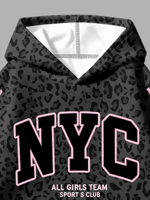 黑色與粉色配色時尚豹紋運動風對比字母NYC圖案青少年女孩休閒柔軟舒適寬鬆圓領套頭衛衣與內搭褲2件套新穿搭，適合秋冬日常穿著、街頭風格、甜酷返校季、美式高街、甜酷慵懶隨性時尚 - 彩色 - 查看 5