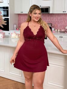 Slumberry CURVE Plus Size Women Lace Patchwork Sexy Daily Home Halter Neck Dress - Burgundy - View 3
