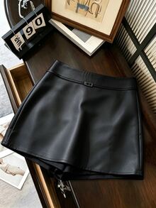 Franclia Chân váy skort nữ cạp cao dáng chữ A màu trơn có khóa kim loại và quần short bên trong, phong cách đa năng mặc đi tiệc, thường ngày và đi làm, phù hợp cho xuân, hè, thu, đông - màu đen - Xem 5