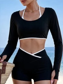 SHEIN Sports 女款長袖圓領修身時尚運動短版T恤 - 黑色 - 查看 1