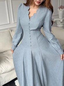 Feyla Women's Elegant Button Pleated Waist Dress Wedding Brunch Navy Blue Autumn - Blue - View 3