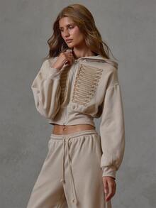 MUSERA Beige Miltary Detail Sweatshirt Only Fall Winter Everyday Causal Back To School Forces - Khaki - View 3