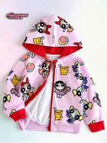 THE POWERPUFF GIRLS X SHEIN Kids Young Girl Cartoon Print Zip-Up Hooded Autumn Sweatshirt - Pink - View 3