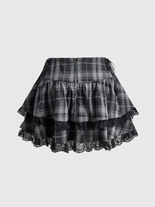 ROMWE Goth Women's Plaid Lace Trim Casual Daily Mini Skirt - Multicolor - View 2