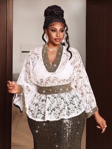 Maweii Contrast Black & Gold Striped V-Neck Cinched Waist Lace Batwing Sleeve Blouse Fall - White - View 6