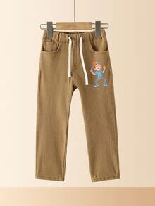 Blippi X SHEIN Young Boy Elastic Waist Drawstring Solid Color Denim Jeans - Apricot - View 1