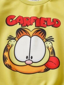 GARFIELD | SHEIN 小男孩圓領卡通角色印花衛衣與長褲套裝 - 黃色 - 查看 5