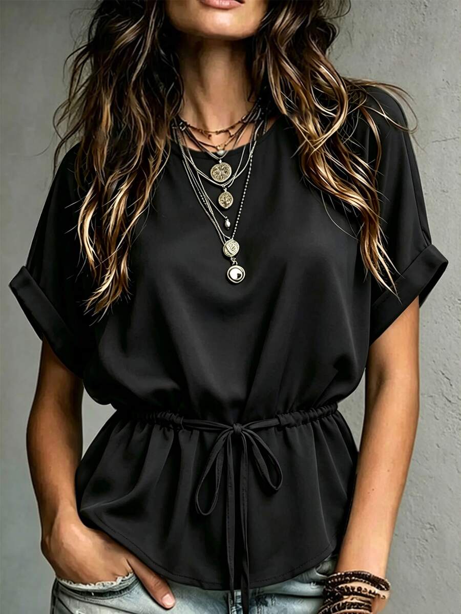 Trelyra Blus Polos Pinggang Serut Lengan Kelelawar - Hitam - View 1