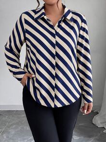 Elenzga Plus Size Elegant Diagonal Striped Satin Shirt Lapel Long Sleeve Silky Embroidery Blouse - Multicolor - View 4