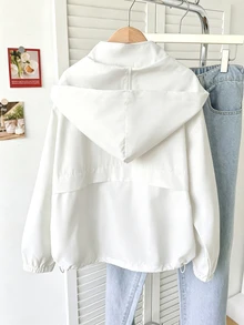 SHEIN Kids Tween Girl Casual Street Style Hooded Zip-Up Autumn Winter Jacket With Pockets, Drawstring Hem, Long Sleeve, Woven Solid Color - White - View 2