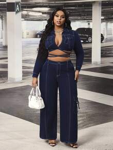 Slaydiva Plus Size Women's Pocket Button Stretch Denim Straight Leg Pants - Dark Wash - View 3