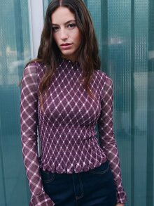 Nöista SMOCK PLAID MESH Stand Collar Flare Sleeve TOP - Burgundy - View 4