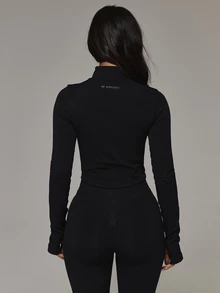 Musera Sport High Neck Zip Through Fitted Cropped Thumb Hole Detail BBL Style Active Coord Jacket Only Sport Essentials Basics Autumn Fall Winter - Black - View 5
