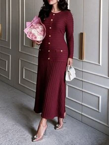 Modelyn Plus Size Women's Burgundy Woven Textured Striped Long Sleeve Metal Button Cinched Waist Bodycon A-Line Elegant Romantic Dress - Burgundy - View 7