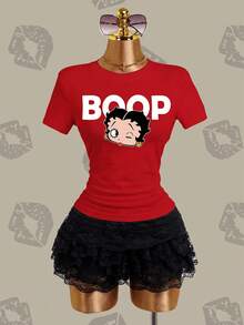 Betty Boop x SHEIN 女款卡通圖案休閒日常短袖T恤 - 紅色 - 查看 9