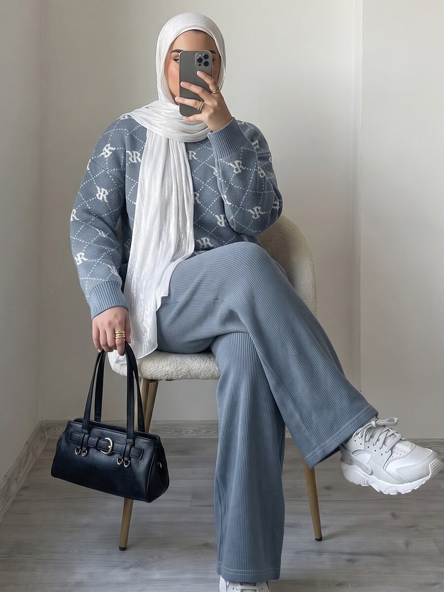 Solavon Women's Letter Print Long Sleeve Top And Pants Casual Daily Knit 2 Pieces Set - Blue - View 1