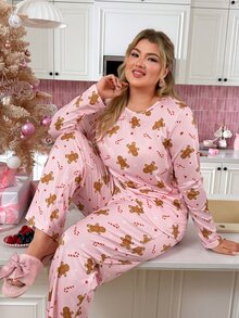 Slumberry CURVE طقم بيجامة نسائي مقاس كبير بطبعة رجل الزنجبيل وحلوى عيد الميلاد، محبوك بياقة دائرية وأكمام طويلة وبنطال - متعدد الألوان - مشاهدة 6