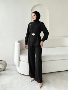Celisse Women's Jacket And Wide Leg Pants Set Autumn - Black - View 7