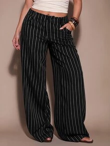 SHEIN BAE CURVE 大尺碼女款條紋寬腿高腰西裝長褲 - 黑色 - 查看 2