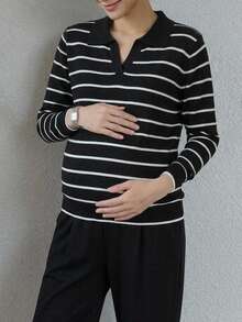 DAZY Contrast Stripe Loose Long Sleeve Collared Casual Daily Vacation Korean Style Autumn/Winter Knit Sweater For Pregnant Women - Black - View 3