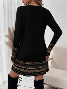 SHEIN LUNE فستان قصير نسائي مطبوع بأكمام طويلة مع حافة أساور وحاشية مزخرفة للخريف - متعدد الألوان - مشاهدة 2