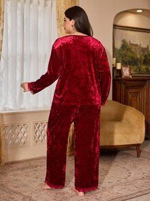 PalaceNights Setelan Piyama Wanita Ukuran Besar Longgar Leher V Warna Polos Bahan Beludru 2 Potong, Musim Gugur/Dingin - Burgundy - View 3