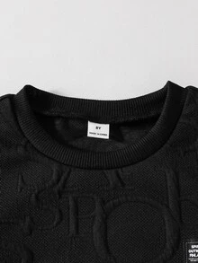SHEIN 青少年男孩圓領長袖幾何紋理布料休閒運動衫 - 黑色 - 查看 3