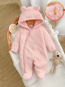 SHEIN Jumpsuit Bayi Baru Lahir Musim Semi Musim Gugur Musim Dingin Berbahan Lembut dengan Desain Tudung yang Lucu, Bahan Lembut dan Ramah Kulit, Nyaman untuk Dipakai di Rumah, Meningkatkan Kualitas Tidur dan Pertumbuhan yang Sehat - Berwarna merah muda - View 1