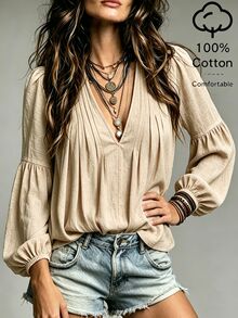 SHEIN Cream White Washed Textured Fabric Deep V-Neck Double-Sided Multi-Pleated Shoulder Micro-Petal Sleeve Patchwork Ruched Loose Lantern Mid-Sleeve A-Line Flared Blouse - Khaki - View 3