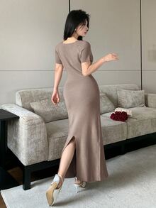 Modelyn Women's Solid Color Short Sleeve Cutout Square Neck Fitted Fashion Knit Dress - Khaki - View 2