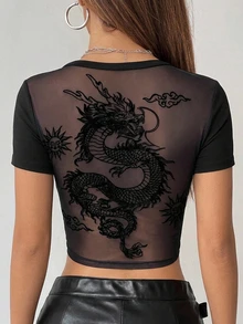 SHEIN ICON Y2K 女款萬聖節網紗露背短版上衣 透視黑色街頭風哥德性感龍圖案休閒日常短袖T恤 - 黑色 - 查看 3