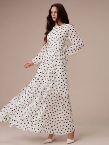 BELROSIE European And American Style Autumn/Winter New Fashion Versatile Chiffon Polka Dot Watermark Multi-Layer Ruffle Hem 3D Floral Decor Women's Dress - Multicolor - View 7