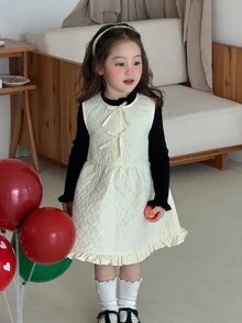 DAZY Infant (Girl) Round Neck Quilted Cotton Korean Style Solid Color Dress - Apricot - View 4