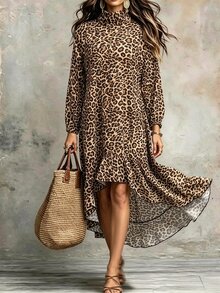 SHEIN PariChic فستان نسائي بطبعة نمر برقبة عالية وأكمام طويلة وحافة مكشكشة وخصر عالي بتصميم عصري - كاكي - مشاهدة 1