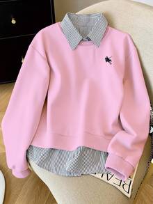 Resyla Women's Minimalist Daily Striped Patchwork Long Sleeve 2 In 1 Sweatshirt - Pink - View 1