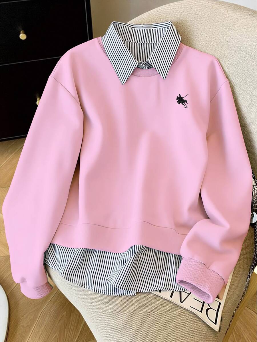 Resyla Women's Minimalist Daily Striped Patchwork Long Sleeve 2 In 1 Sweatshirt - Pink - View 1