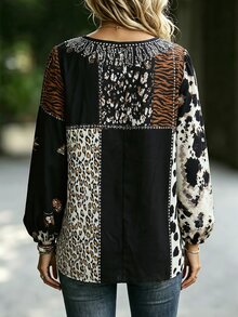 Linhara CURVE Bohemian Patchwork Leopard Print Iron-On Women's Vintage Loose Casual Long Sleeve Shirt Fall - Black - View 2