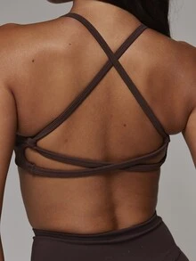 Musera Sport Ruched Bust Logo Side Detail Cross Strap Back Coord Sports Bra Only Sport Essentials Basics Autumn Fall Winter - Coffee Brown - View 6