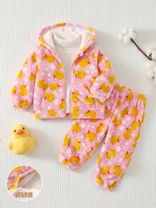 SHEIN Setelan Baju Terusan dan Celana Motif Bebek untuk Bayi Perempuan, Terdiri dari Kaos Hoodie dan Celana Panjang dengan Resleting Depan - Berwarna merah muda - View 9