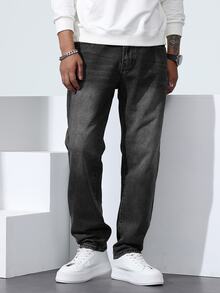 Manfinity Homme Men's Plus Size Vintage Washed Black & Grey Denim Jeans, Versatile Slim Straight Leg Long Pants - Grey - View 8