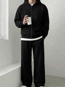 Teen Boy 2pcs Teen Boy Casual Sporty Basic Gray Hooded Zip-Up Autumn Sweatshirt And Sweatpants - Black - View 5
