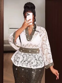 Maweii Contrast Black & Gold Striped V-Neck Cinched Waist Lace Batwing Sleeve Blouse Fall - White - View 2