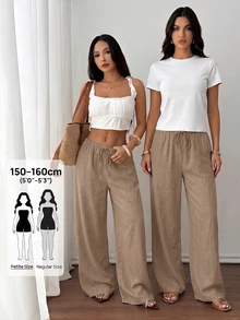 SHEIN PETITE 女款素色休閒百搭日常穿著長褲 - 卡其色 - 查看 2