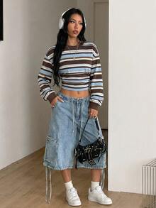 Coolane Women's Striped Crew Neck Drop Shoulder Long Sleeve Casual Cropped Sweatshirt - White - View 2