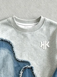 SHEIN 女童 2 件套休閒時尚春夏季秋季男孩圓領運動衫與運動長褲兩件套，酷炫幾何拼接圖案，彈性柔軟面料，春夏季秋季男孩套裝，休閒穿著，返校，派對，適合戶外野餐，街頭攝影，校園，假期，禮物用途 - 彩色 - 查看 5