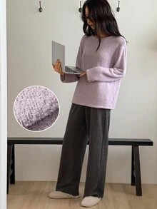 DAZY Women's Solid Color Round Neck Drop Shoulder Long Sleeve Top And Pants Loungewear Set - Purple - View 5