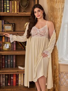 PalaceNights Plus Size Women Lace Patchwork Camisole Nightgown & Long Sleeve Top Loungewear Set - Apricot - View 4