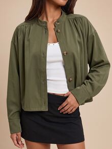 Bluhae Jaket Kasual Wanita Warna Polos dengan Kerutan, Bahu Jatuh, Lengan Panjang dan Kancing Depan Tunggal - Hijau Tentara - View 1