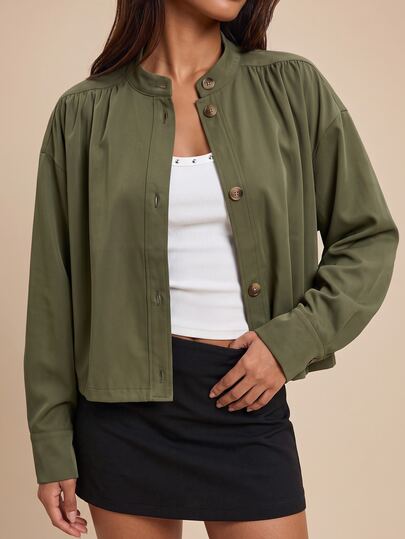Bluhae Jaket Kasual Wanita Warna Polos dengan Kerutan, Bahu Jatuh, Lengan Panjang dan Kancing Depan Tunggal